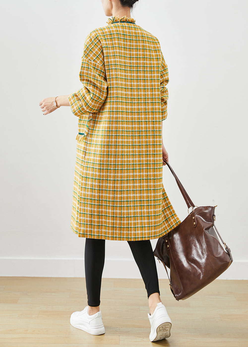 Modern Yellow Tasseled Plaid Cotton Coat Fall