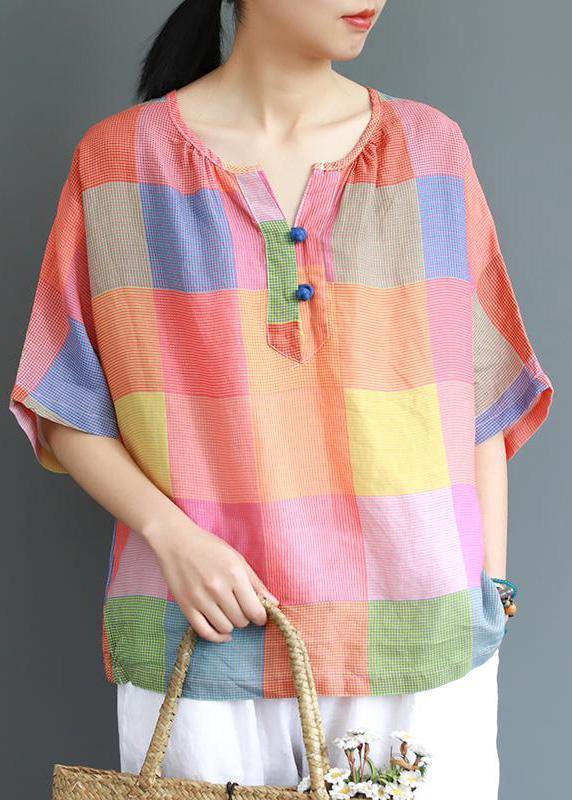 Modern linen Blouse Fashion Sweet Colored Plaid Casual Linen T-Shirt