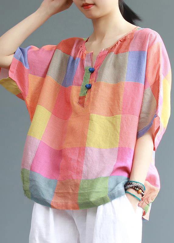 Modern linen Blouse Fashion Sweet Colored Plaid Casual Linen T-Shirt