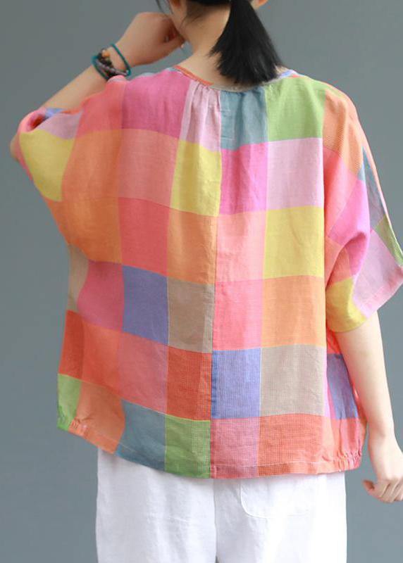 Modern linen Blouse Fashion Sweet Colored Plaid Casual Linen T-Shirt