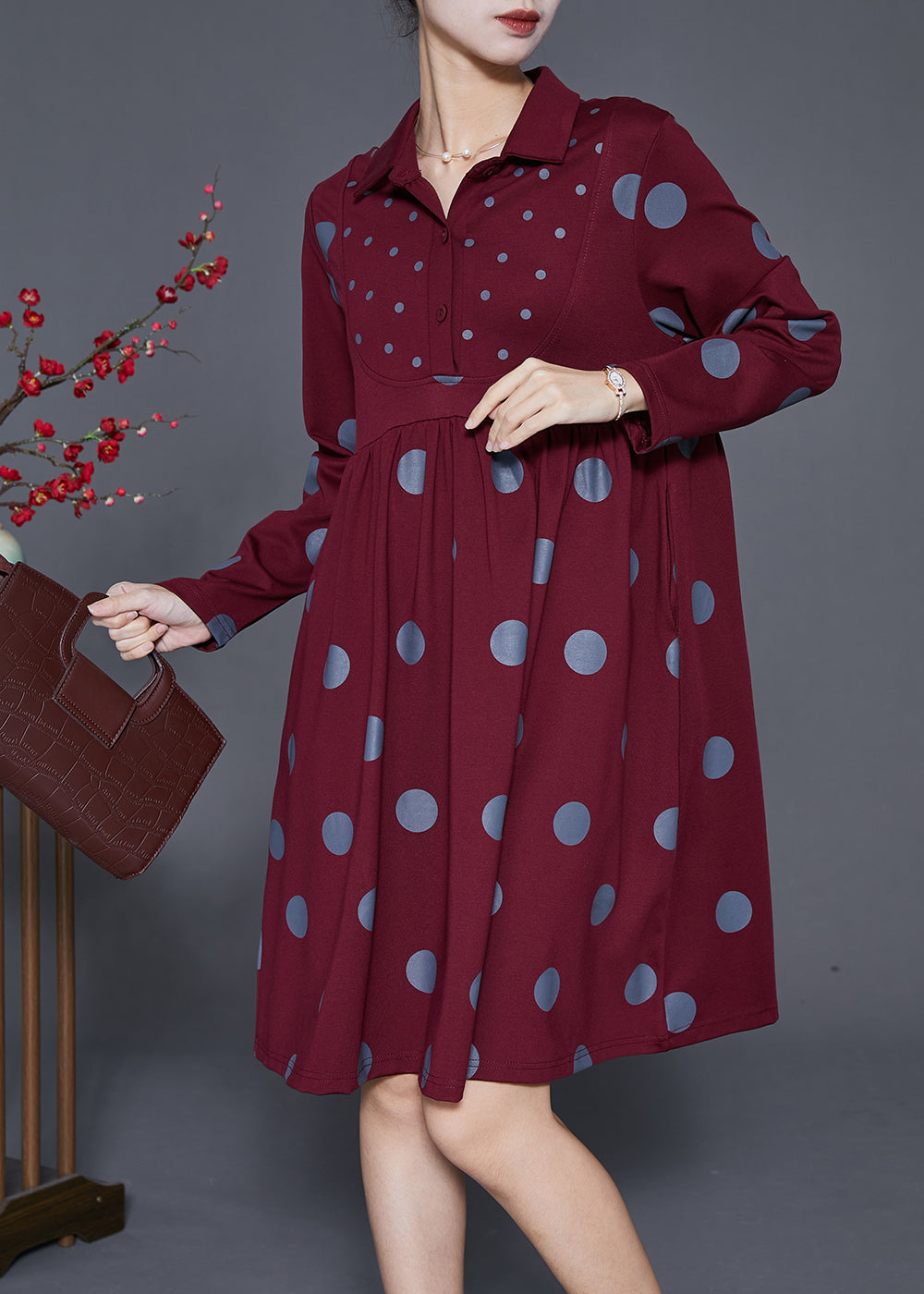 Mulberry Dot Print Cotton Maxi Dress Peter Pan Collar Spring