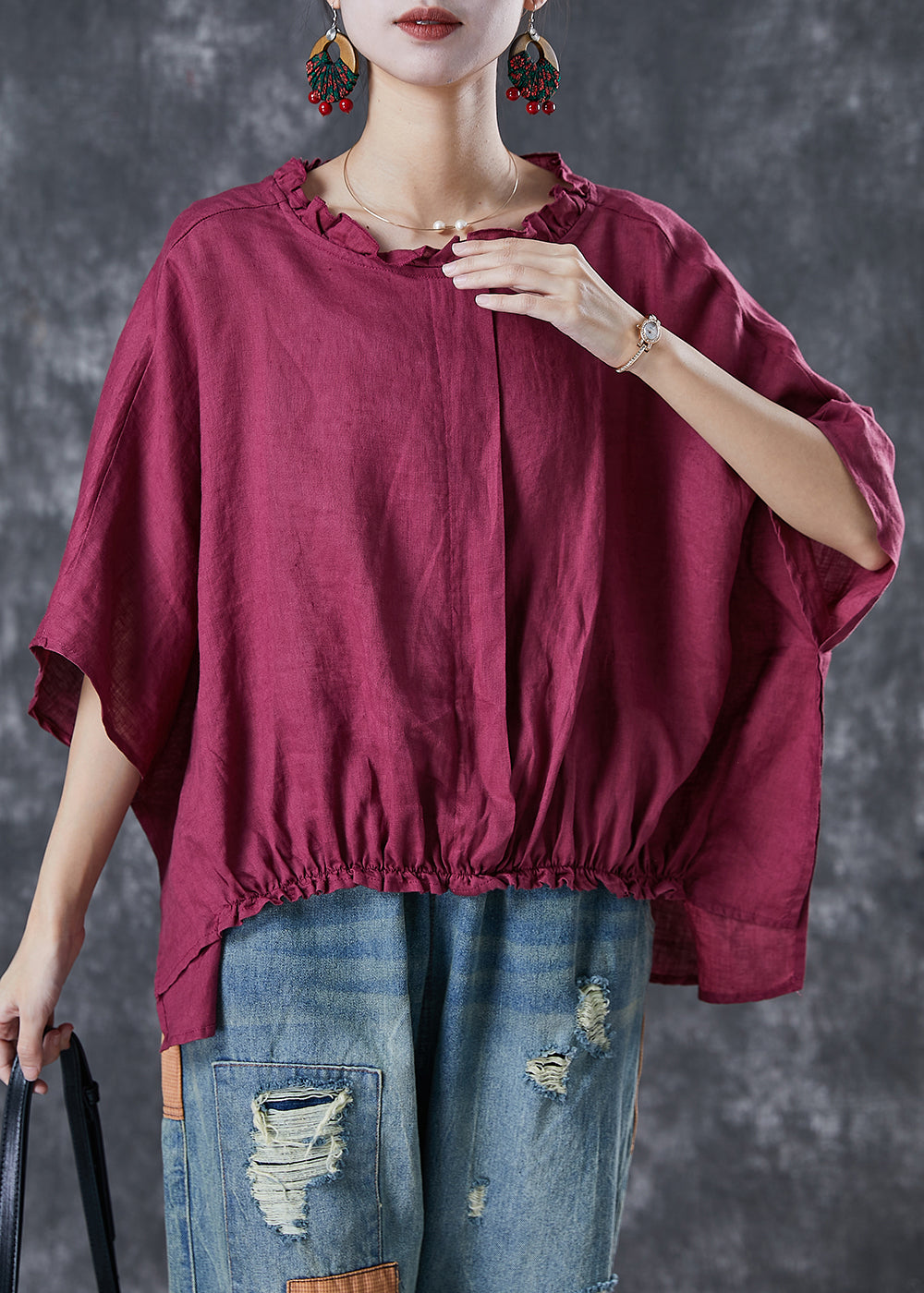 Mulberry Loose Linen Shirt Top Ruffled Batwing Sleeve