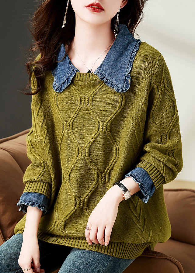 Mustard Green Denim Patchwork Cotton Knit Tops Peter Pan Collar Fall