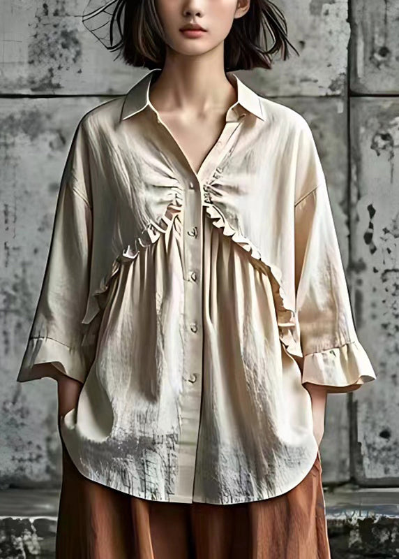 Natural Apricot Ruffled Linen Shirts Flare Sleeve