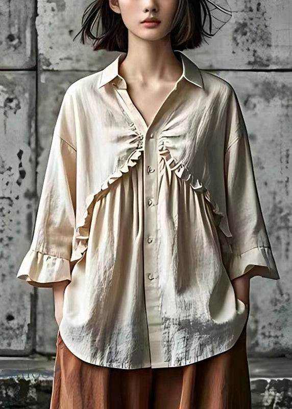 Natural Apricot Ruffled Linen Shirts Flare Sleeve