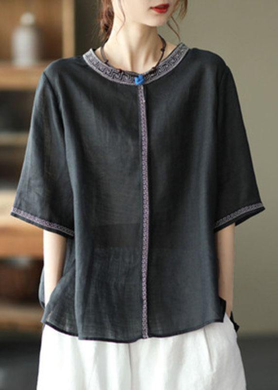 Natural Black texture O-Neck Embroidered Summer Ramie Blouses Half Sleeve