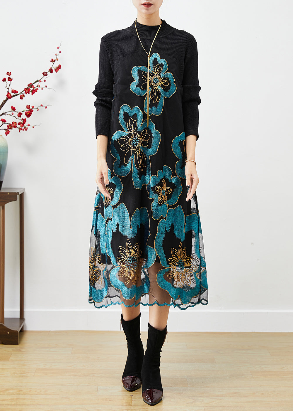 Natural Blue Embroidered Patchwork Knit Dress Fall