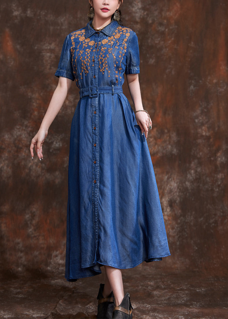 Natural Blue Peter Pan Collar Embroidered Slim Long Denim Dress Summer