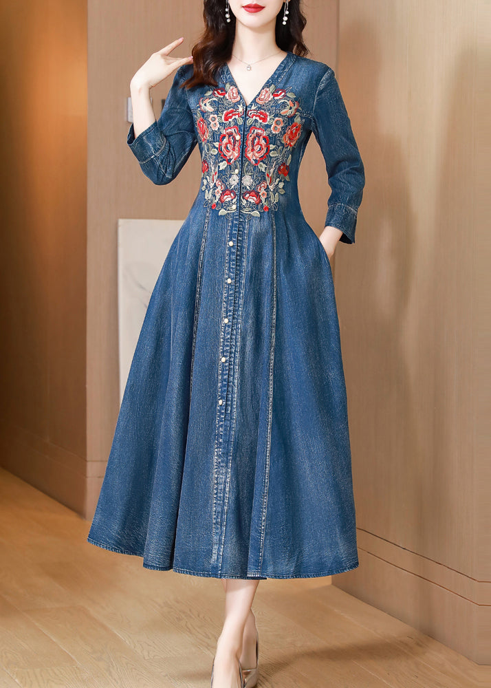 Natural Blue V Neck Embroidered Patchwork Denim Dress Long Sleeve