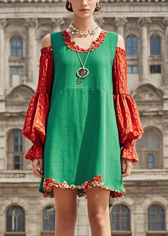 Natural Green Cold Shoulder Patchwork Cotton Mid Dress Fall