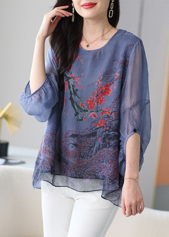 Natural Grey O Neck Print Patchwork Chiffon Shirt Tops Lantern Sleeve