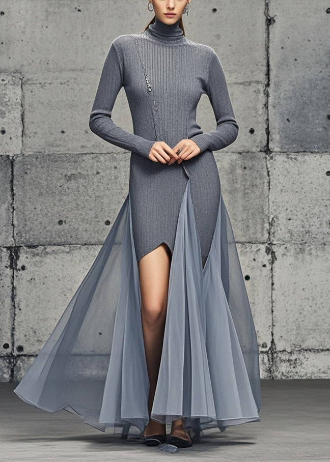 Natural Grey Patchwork Tulle Knitted Wraped Dress Side Open Fall