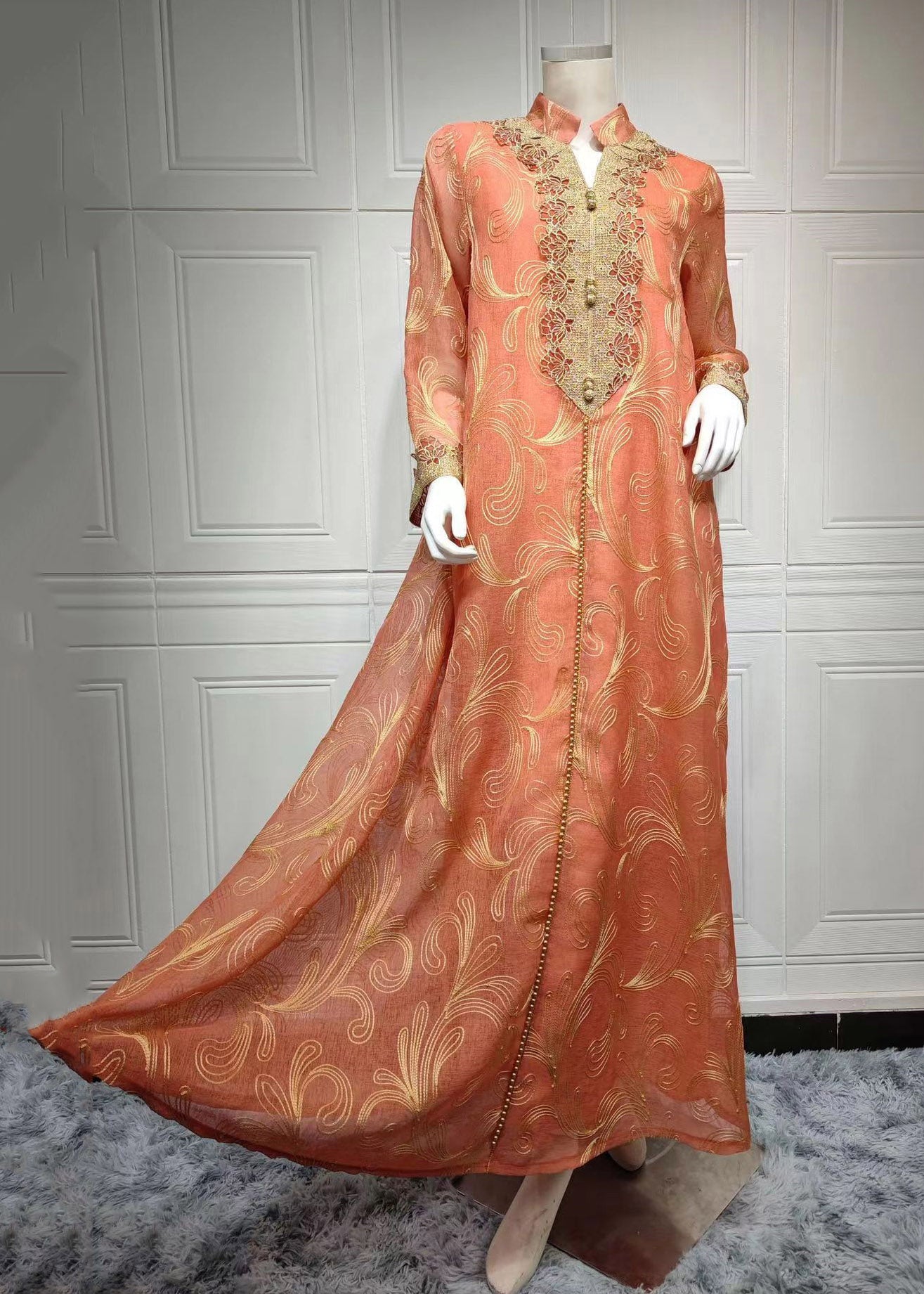 Natural Orange Stand Collar Embroidered Button Tulle Holiday Long Dress Fall