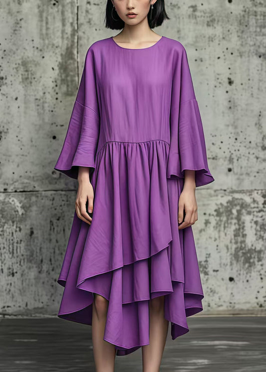 Natural Purple Asymmetrical Exra Large Hem Cotton Dress Fall