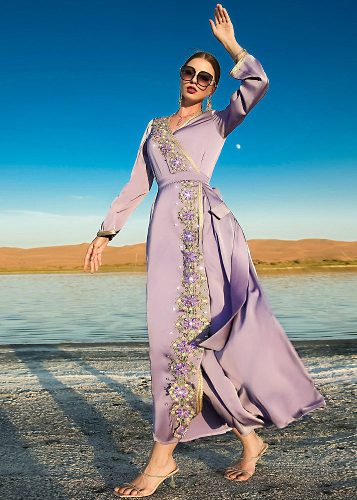 Natural Purple V Neck Patchwork Tie Waist Chiffon Maxi Dresses Long Sleeve