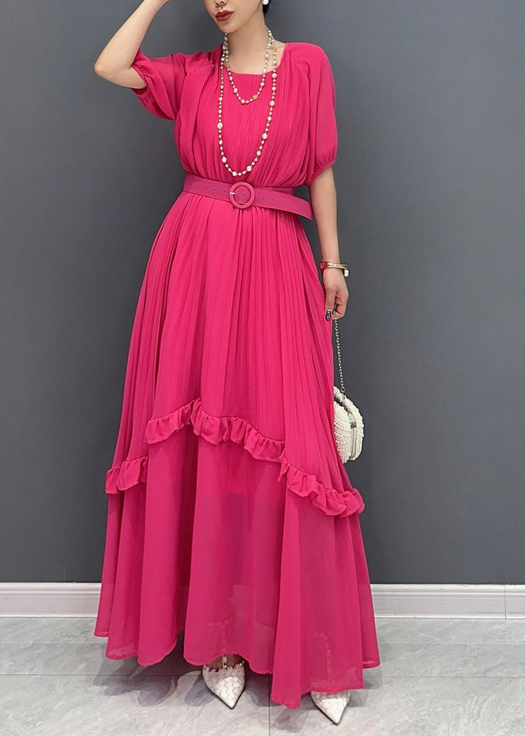 Natural Red Ruffled Patchwork Sashes Chiffon Long Dress Summer