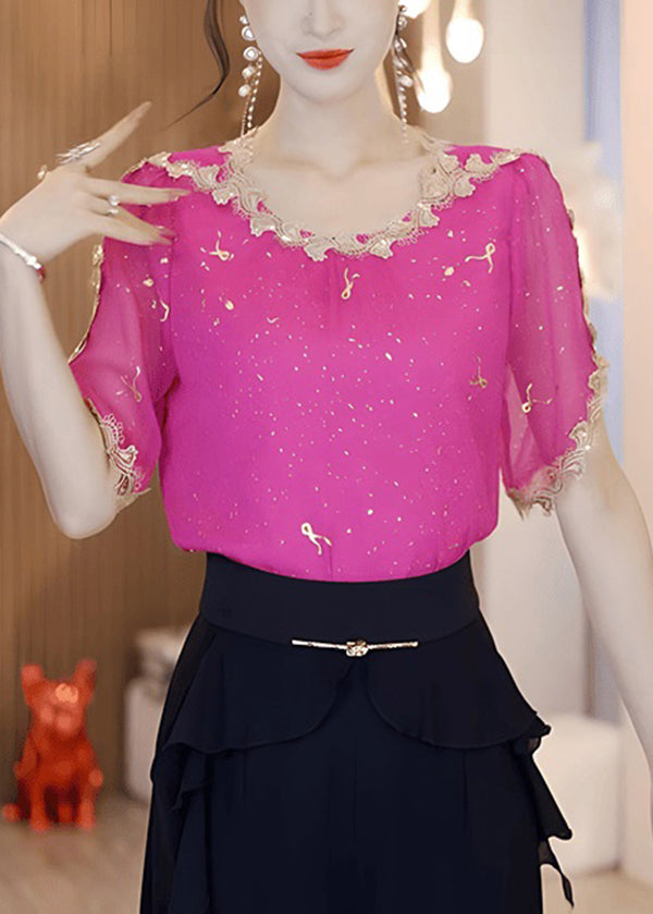 Natural Rose O Neck Sequins Patchwork Chiffon Blouse Tops Summer