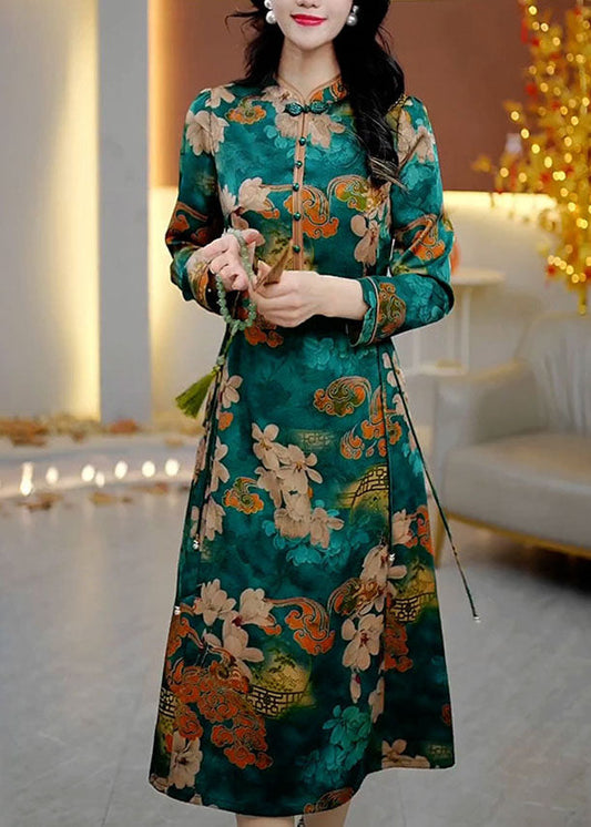 Natural Stand Collar Print High Waist Silk Long Dress Fall