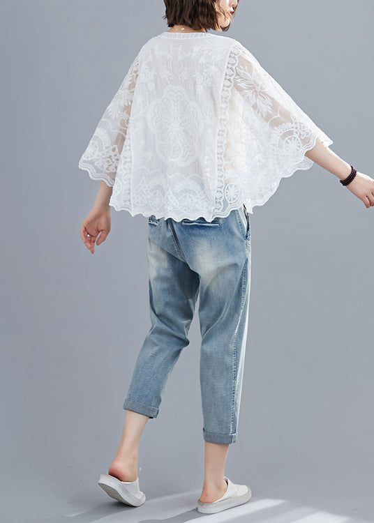 Natural White Embroidered Oversized Cotton Shirts Batwing Sleeve