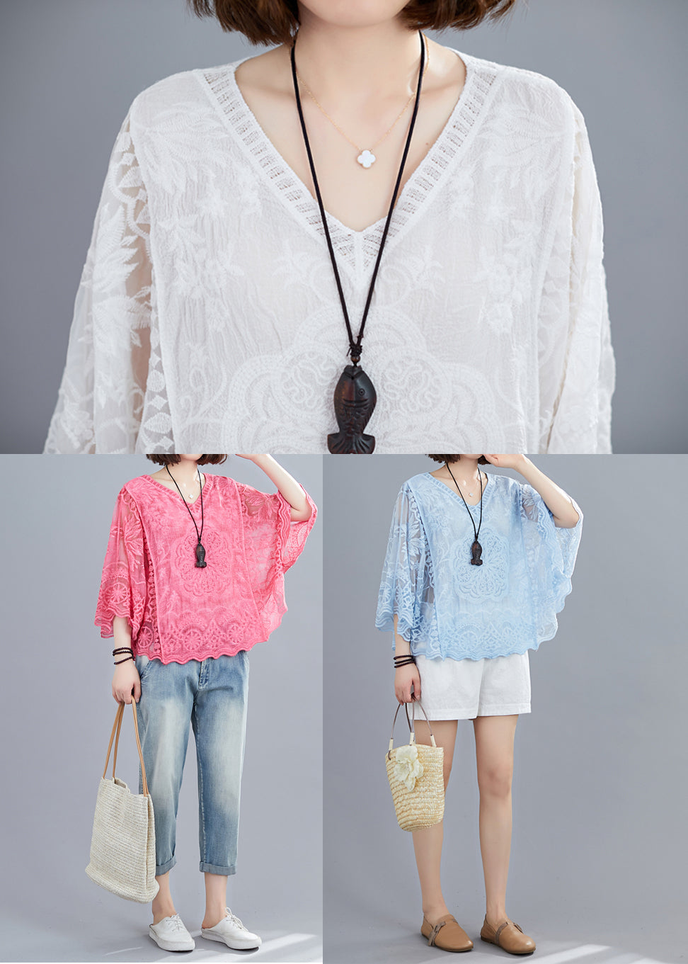 Natural White Embroidered Oversized Cotton Shirts Batwing Sleeve