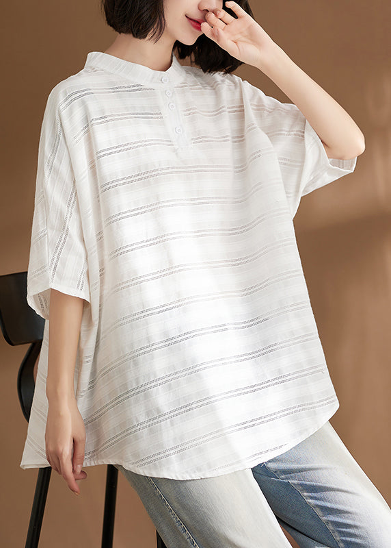 Natural White Stand Collar Striped Button Shirts Batwing Sleeve