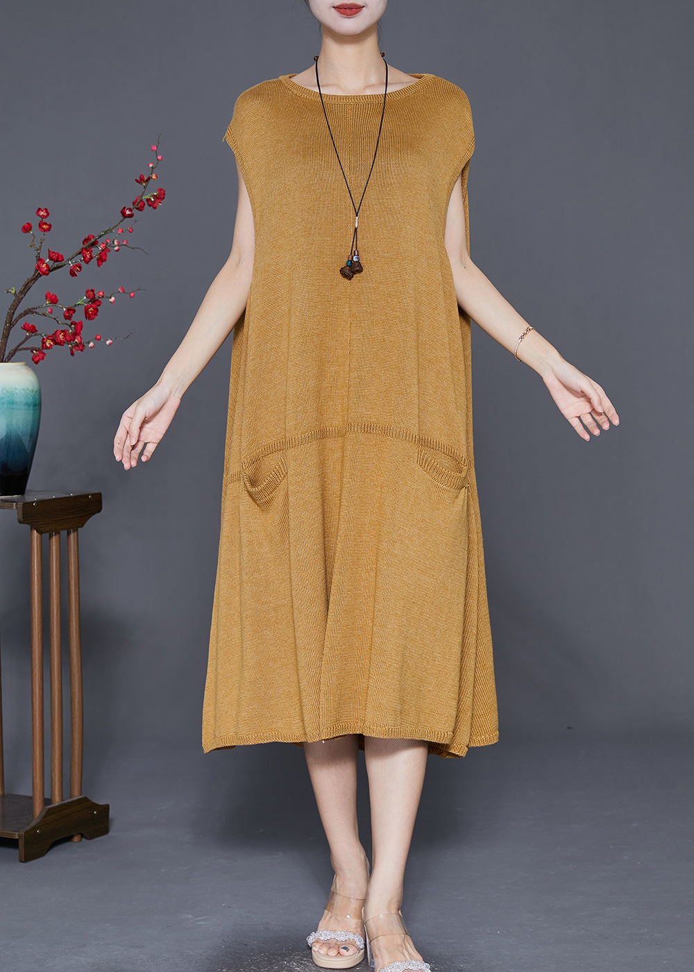 Natural Yellow Oversized Patchwork Knit Vacation Dresses Fall