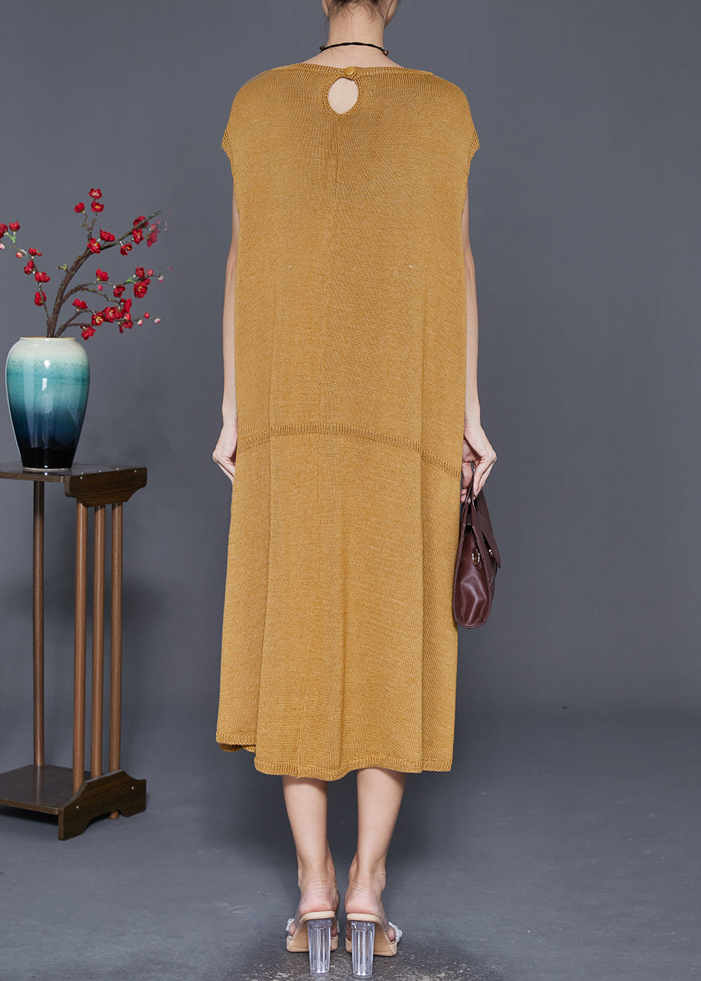 Natural Yellow Oversized Patchwork Knit Vacation Dresses Fall