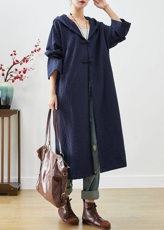 Navy Cotton Trench Coat Oversized Chinese Button Fall