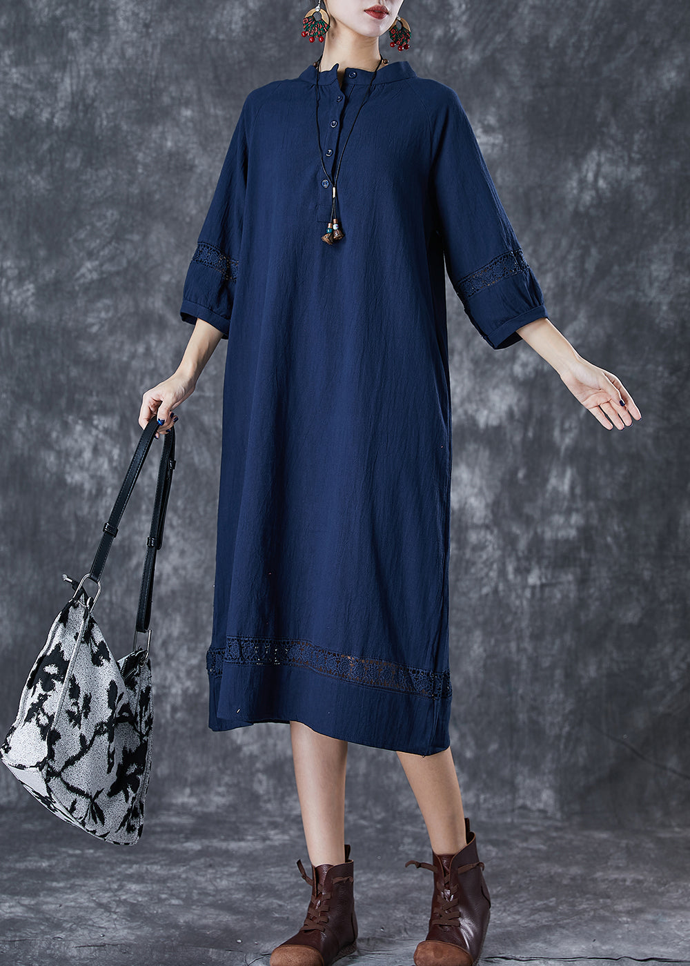 Navy Hollow Out Cotton Maxi Dress Oversized Bracelet Sleeve