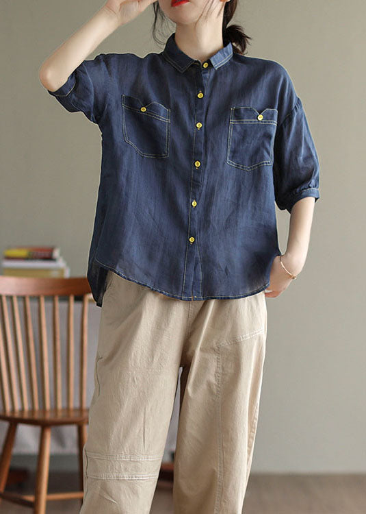 Navy Patchwork Cotton Shirt Top Peter Pan Collar Pockets Summer