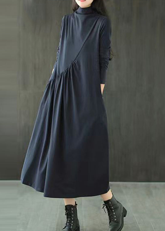 Navy Pockets Patchwork Cotton Long Dress Hign Neck Wrinkled Fall