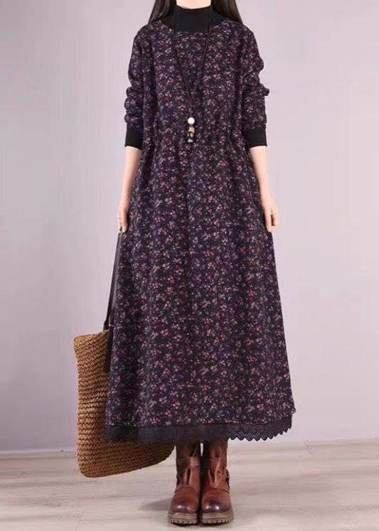 Navy Print Pockets Patchwork Warm Fleece Dresses Drawstring Winter