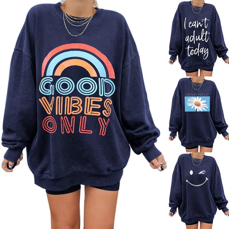 Navy Print Sweatshirt Women Casual Tops - SooLinen