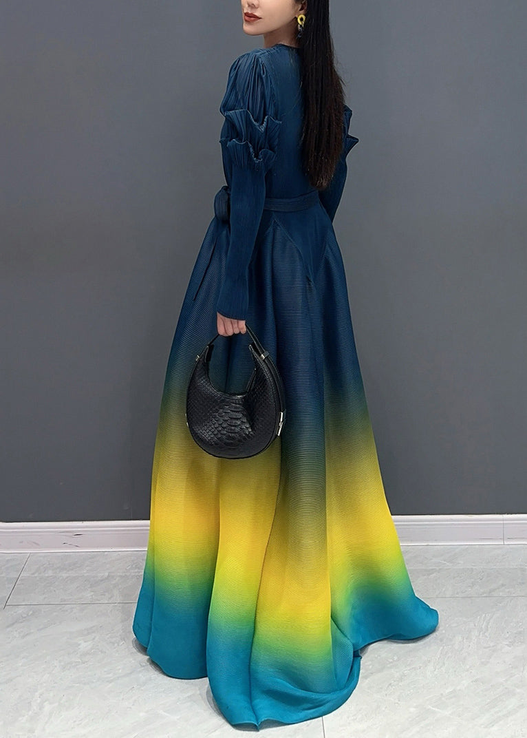 Navy Wrinkled Tie Waist Long Dresses Fall