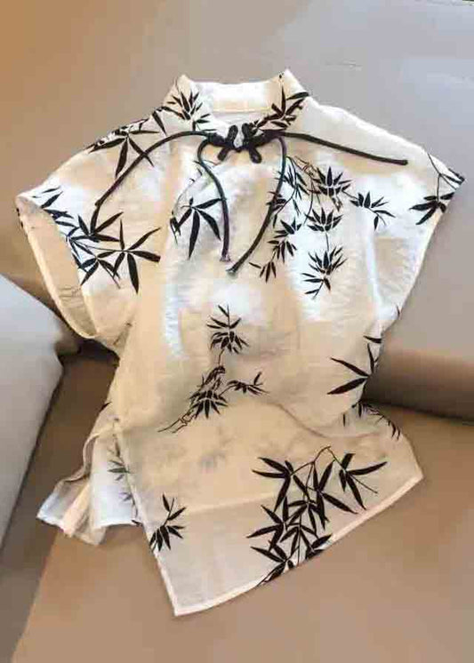 New Beige Chinese Button Print Cotton Tops Summer