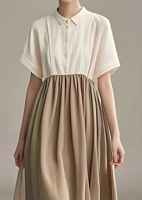 New Beige Peter Pan Collar Button Patchwork Cotton Dress Summer