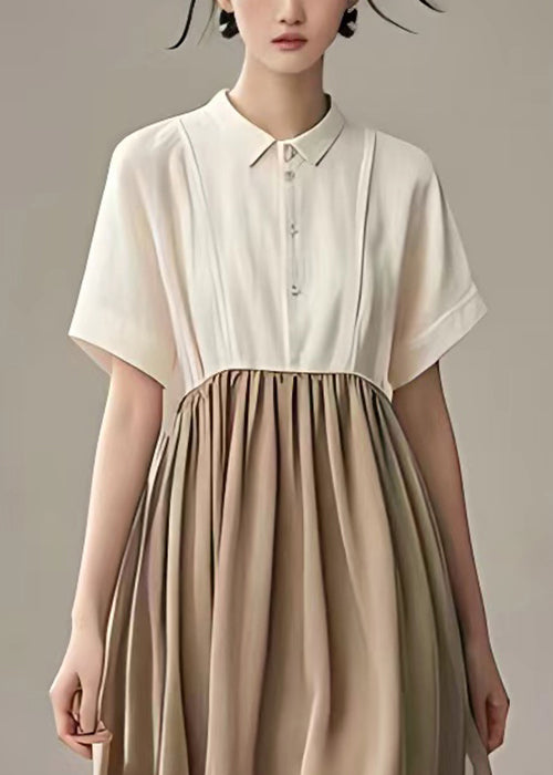 New Beige Peter Pan Collar Button Patchwork Cotton Dress Summer