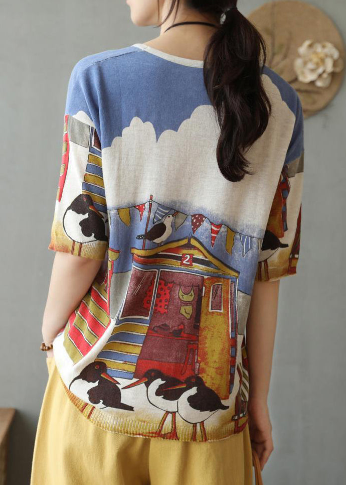 New Beige Print Patchwork Cozy Cotton Knit T Shirt Summer