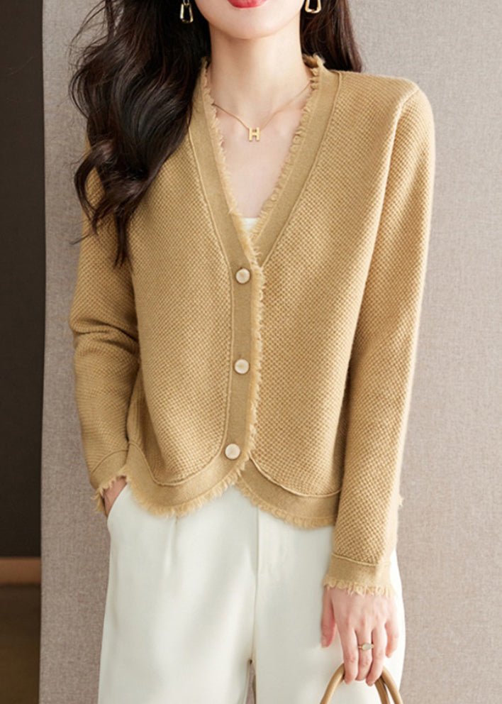 New Beige V Neck Button Solid Wool Knit Cardigan Fall