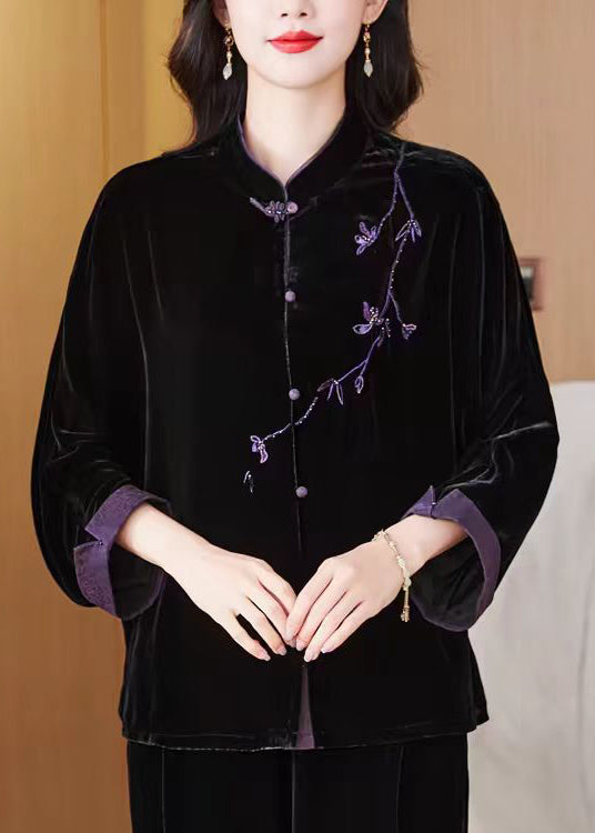 New Black Embroidered Button Silk Velvet Coat Fall