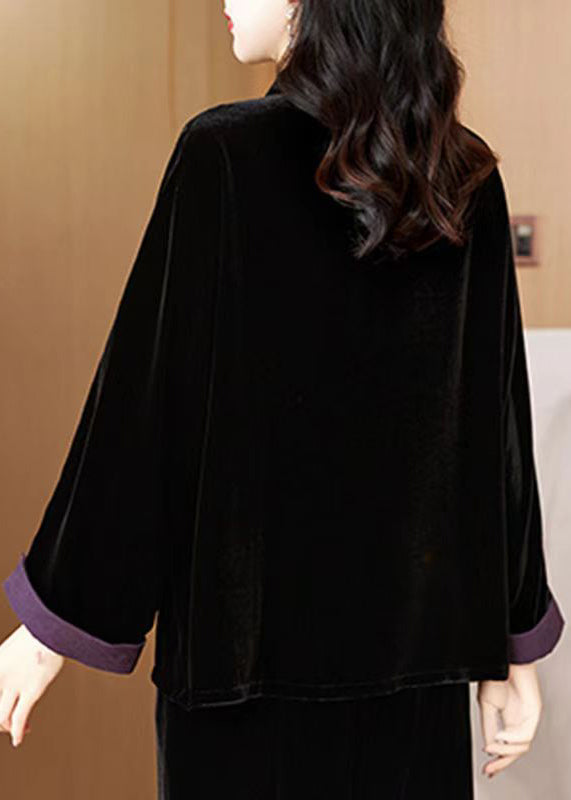 New Black Embroidered Button Silk Velvet Coat Fall