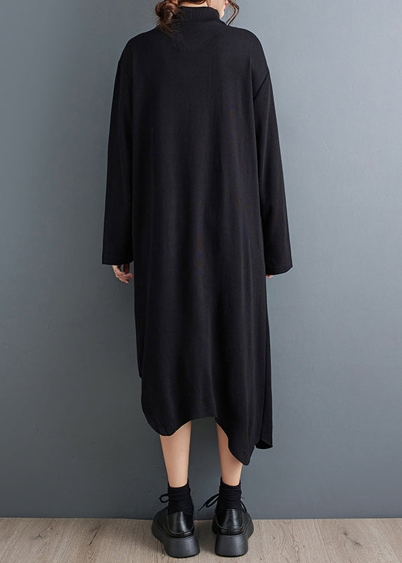 New Black Turtleneck Asymmetrical Cotton Long Dresses Fall