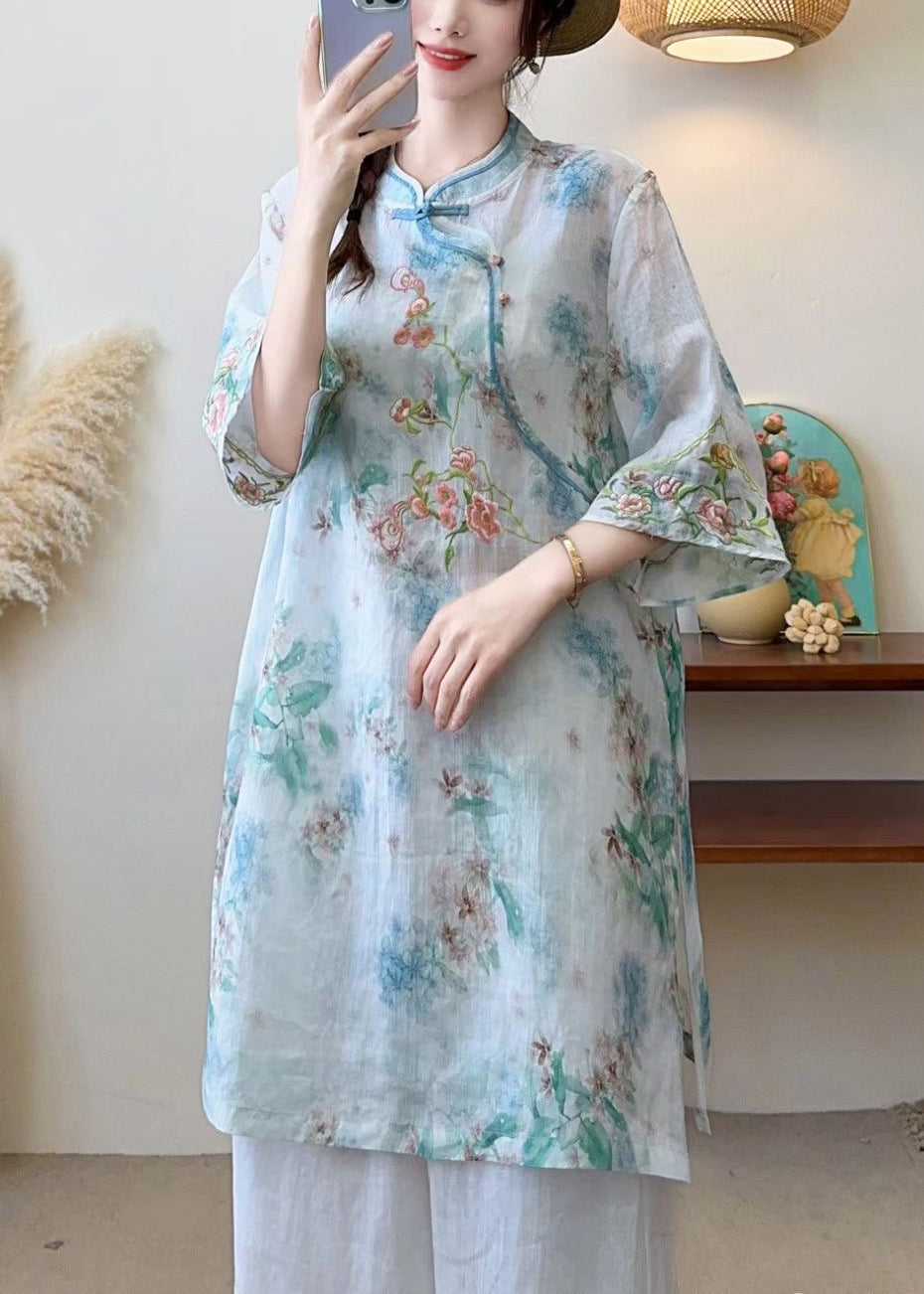 New Blue Embroidered Chinese Button Linen Blouses Half Sleeve