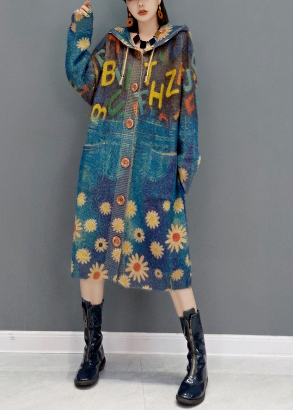 New Blue Hooded Pockets Print Knit Sweater Coat Winter