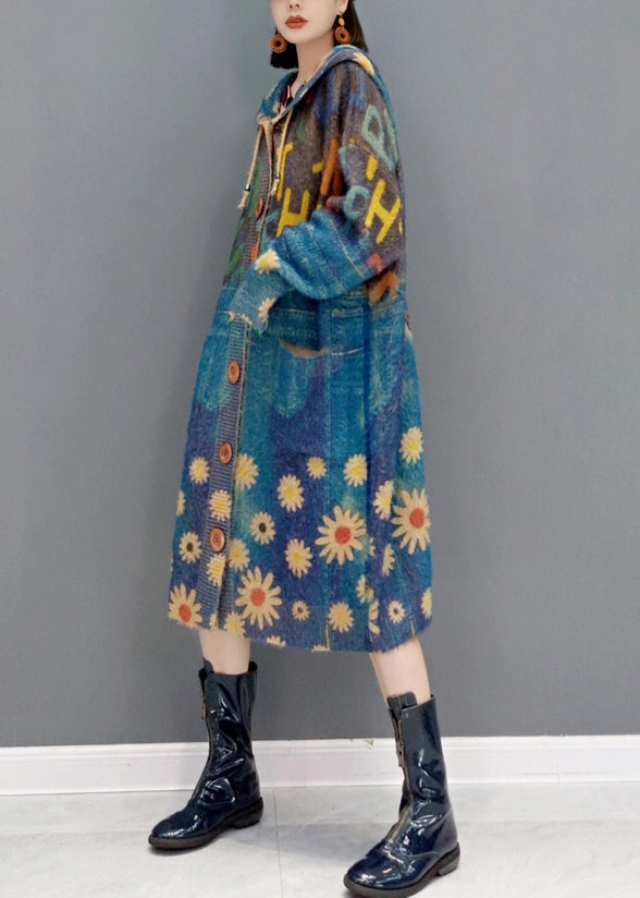 New Blue Hooded Pockets Print Knit Sweater Coat Winter