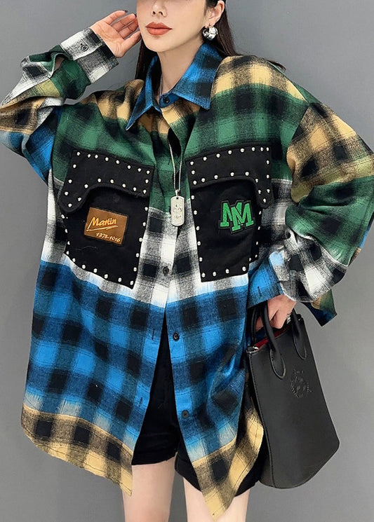 New Blue Plaid Button Patchwork Cotton Blouses Long Sleeve