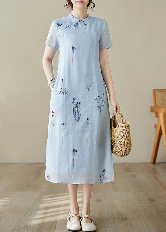 New Blue Print Pockets Linen Long Dress Summer