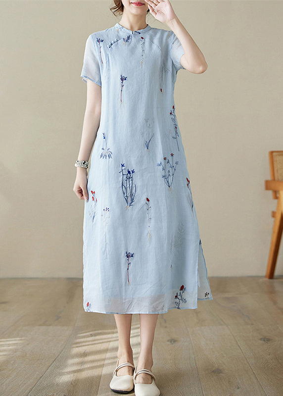 New Blue Print Pockets Linen Long Dress Summer