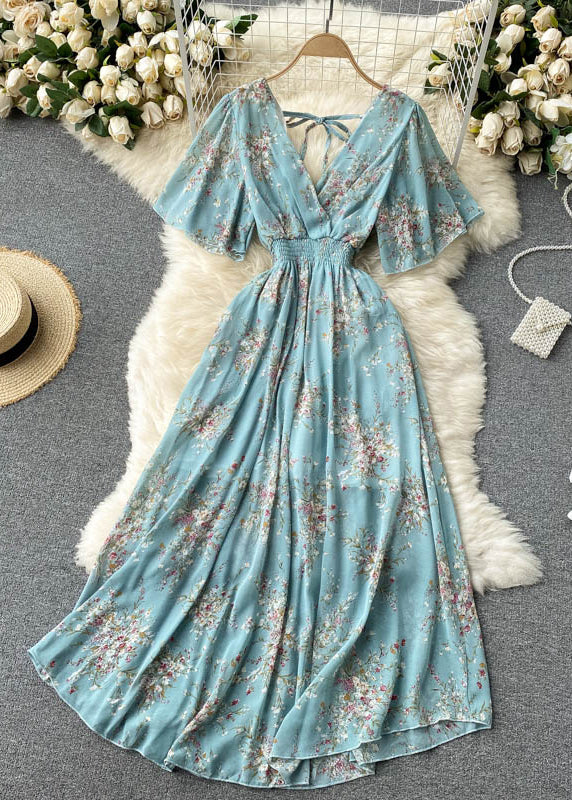 New Blue V Neck Lace Up Print Chiffon Vacation Dresses Summer