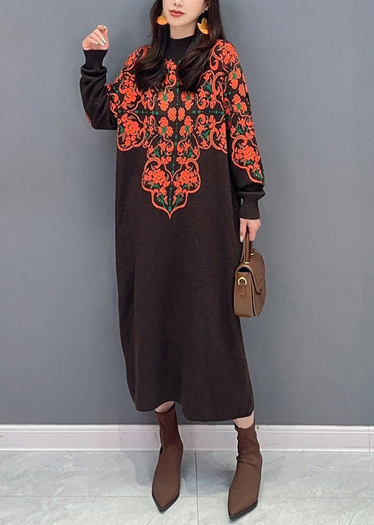 New Brown Turtleneck Print Patchwork Knit Long Dress Fall